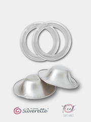 Silverette® cups and O-Feel™ ring logo, showcasing the product branding and sleek design of the nursing and breastfeeding accessories.