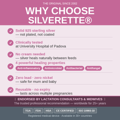 Chart comparing Silverette silver nursing cups with other nipple care options, with a mother holding the cups